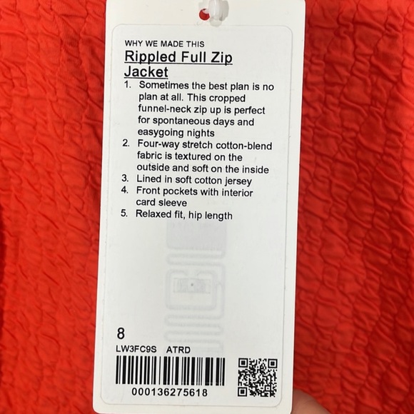 Nwt lululemon orange jacket size 8 Rippled full zip jacket - Picture 4 of 7